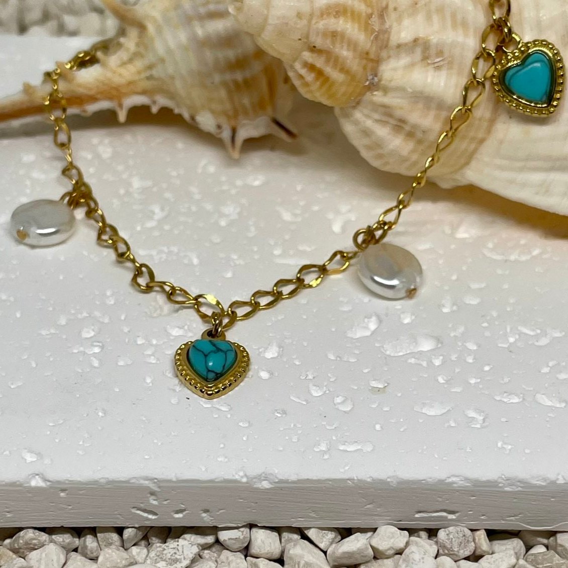 Turquoise Heart & Pearl Foot Bracelet