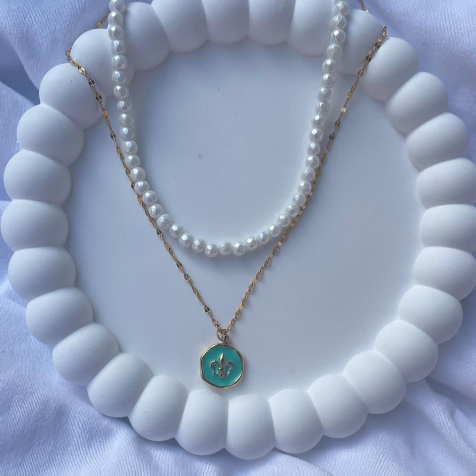 Pearl and Gold Layered Necklace with Turquoise Pendant